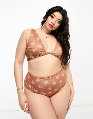 ASOS DESIGN Curve Bikini Crop Marrone Con Stampa Di Palme E Incrocio