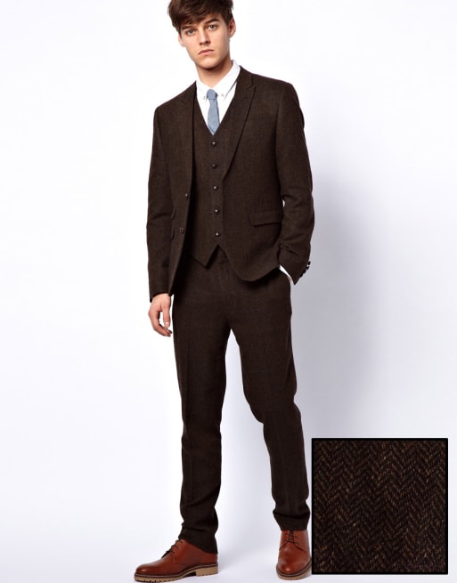 ASOS Slim Fit Suit Jacket in Brown Herringbone