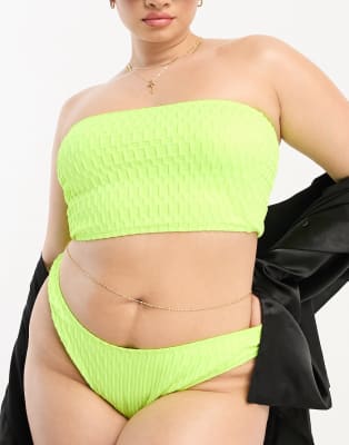 Collusion Plus Textured Bandeau Bikini Top And Bottoms In Neon Yellow