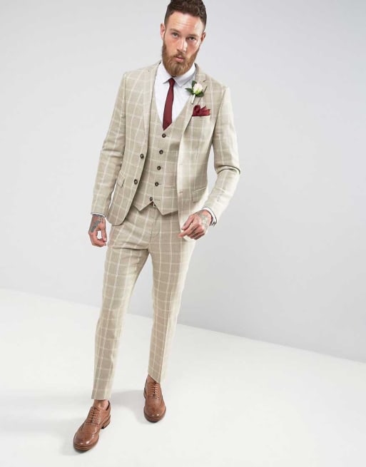 River Island Skinny Fit Wedding Check Suit In Stone