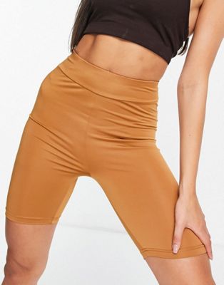 Threadbare Fitness ruched front gym crop top & legging shorts in camel - Click1Get2 Black Friday