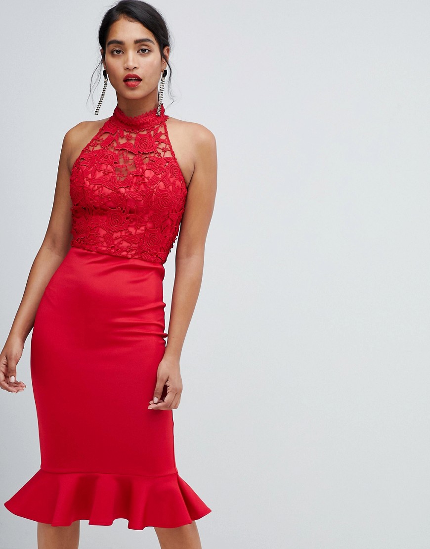 Imagen principal de producto de Vestido ajustado 2 en 1 en encaje con cuello alto en rojo de Chi Chi London - Chi Chi London