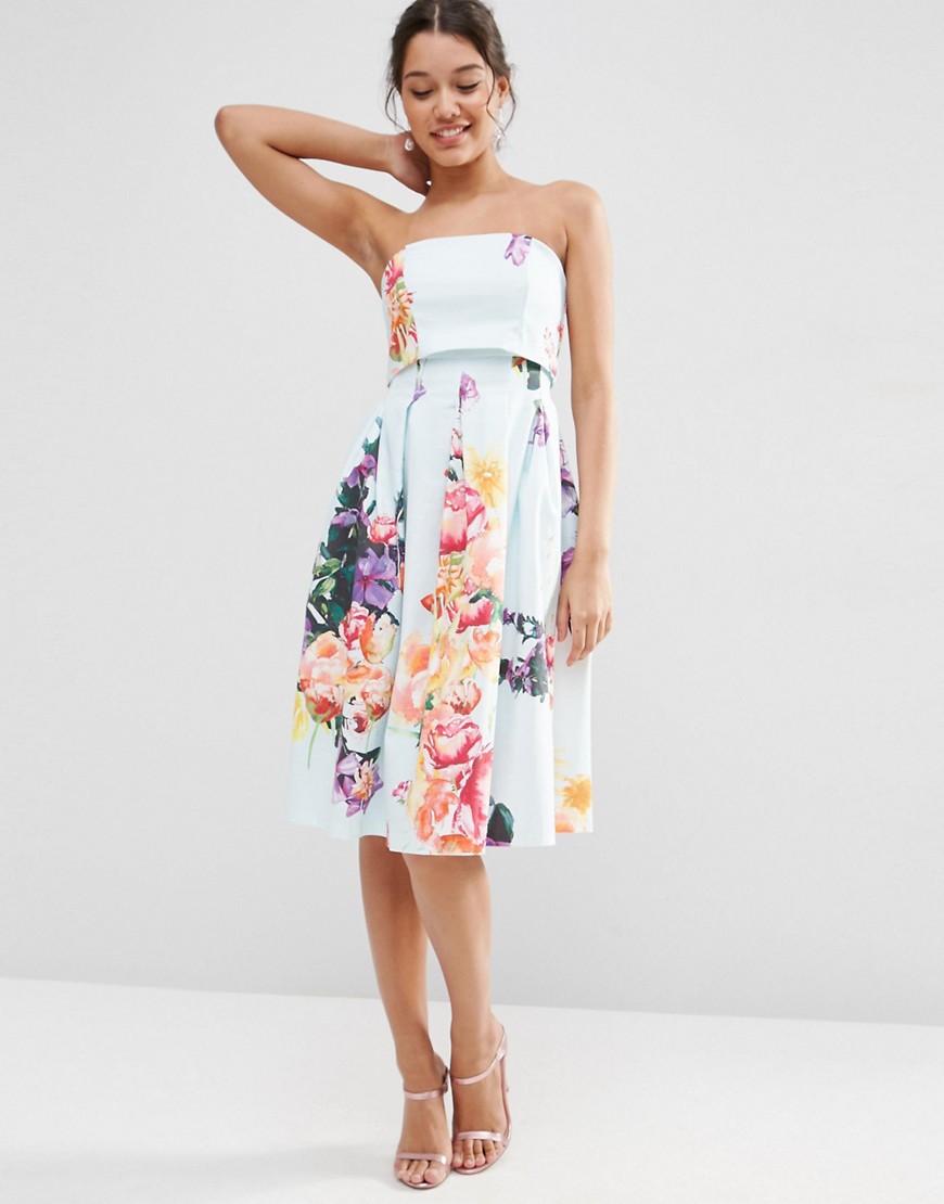 Image 1 of ASOS Fold Over Bandeau Mini Prom Dress In Placed Bouquet Floral