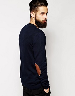 ASOS Crew Neck Jumper with Elbow Patch In Cotton 