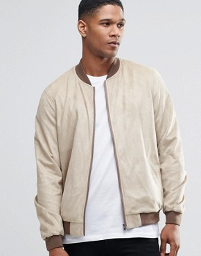 ASOS Faux Suede Bomber Jacket In Stone