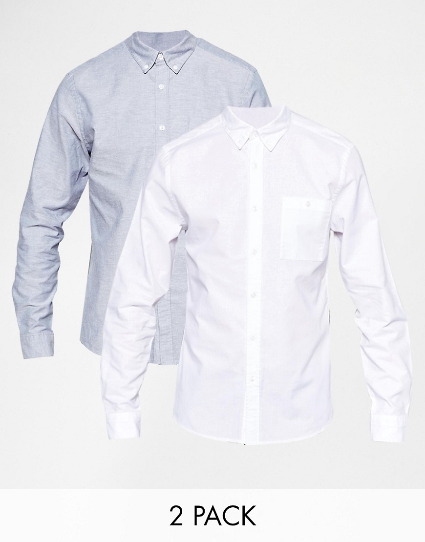 Image 1 of ASOS Oxford Shirt 2 Pack In Long Sleeve White/Blue SAVE 15%