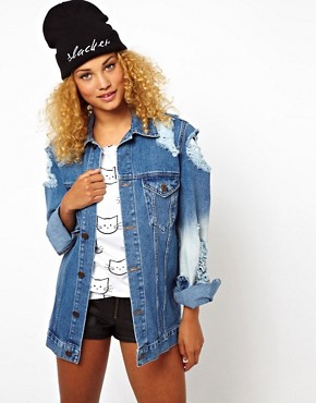 Image 1 of ASOS Oversized Denim Boyfriend Jacket With Rips And Bleach Detail