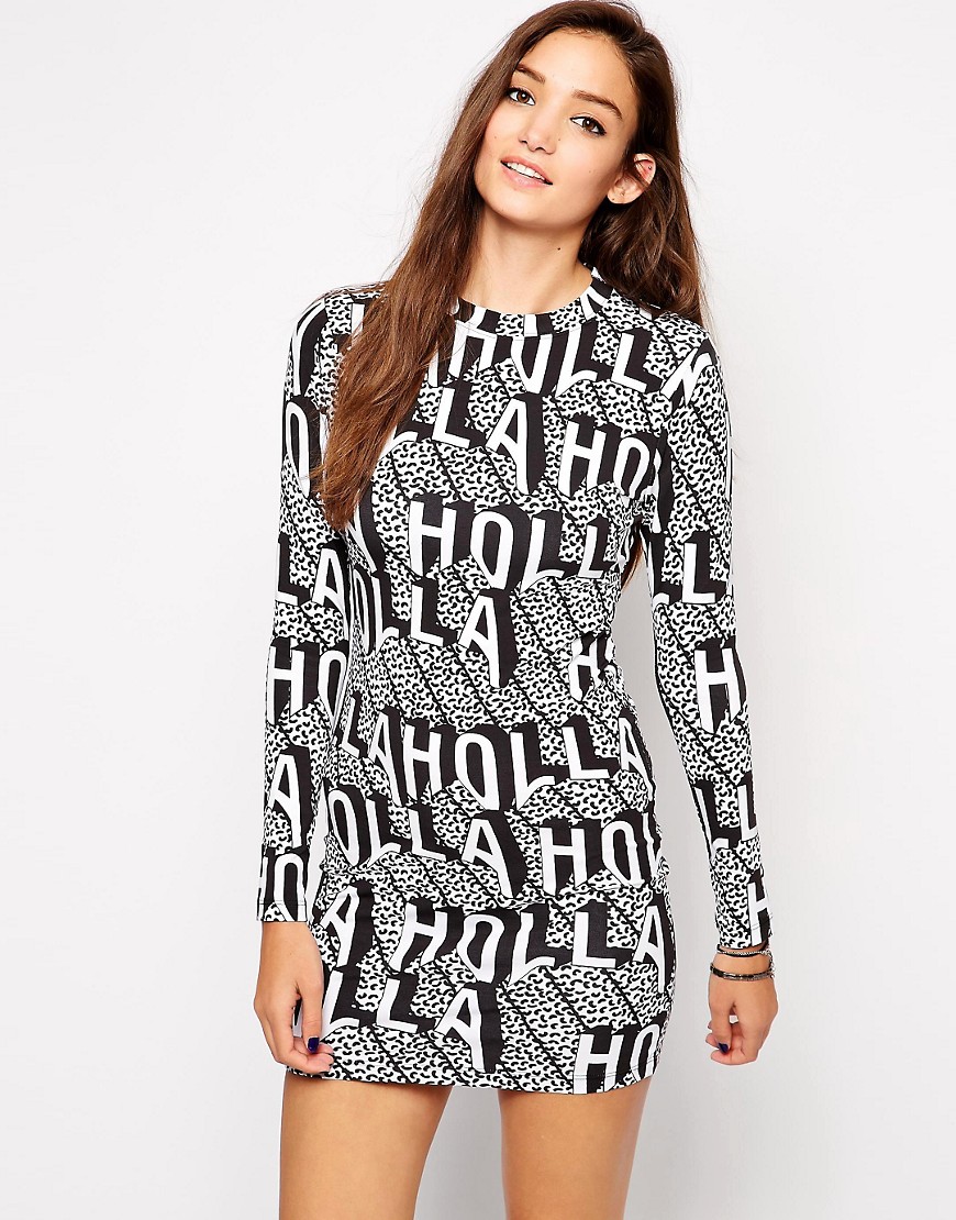 Image 1 of Illustrated People Dripping Holla Long Sleeve Bodycon Dress