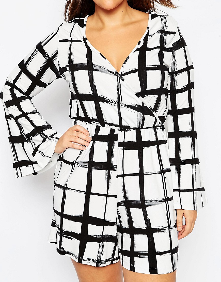Image 3 of ASOS CURVE Bell Sleeve Playsuit in Grid Check