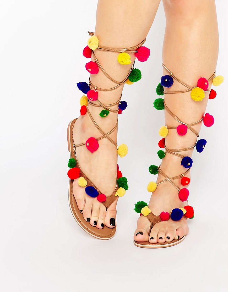 Image 1 of Glamorous Tan Tie Up Pom Pom Flat Sandals