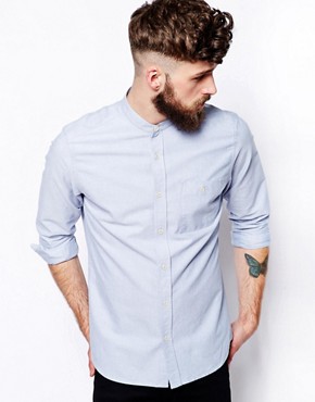 ASOS Oxford Shirt In Blue With Long Sleeves And Grandad Collar