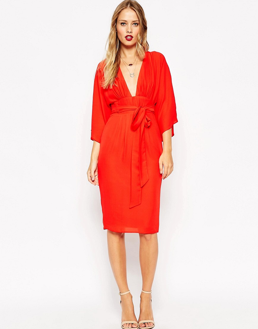 ... Dresses  Skirts Â» ASOS 70s Deep Plunge Belted Midi Dress - Red