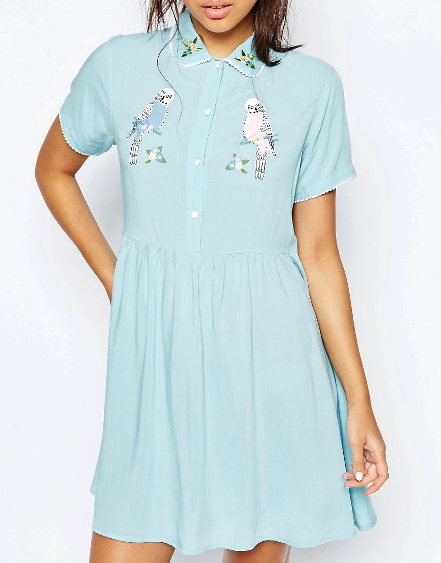 Image 3 of Lazy Oaf Button Front Shirt Dress With Retro Bird Print