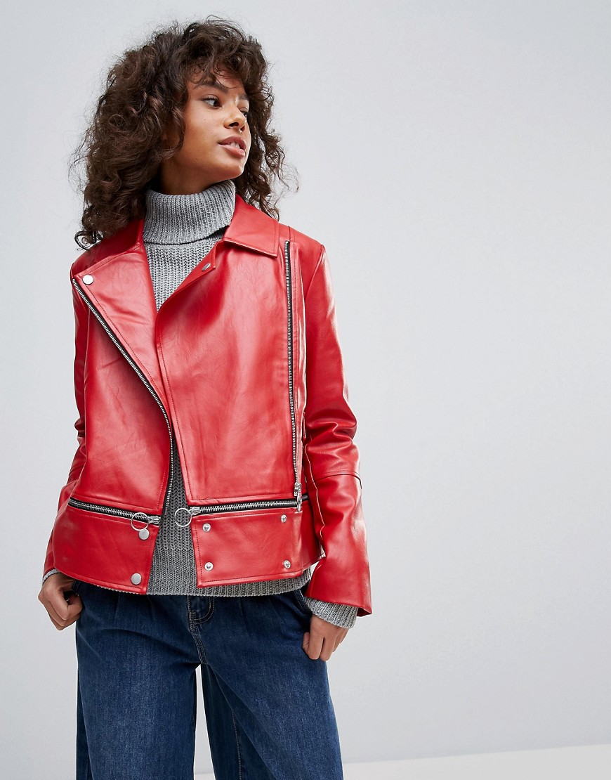 Байкерская куртка из искусственной кожи с молнией Neon Rose - Красный