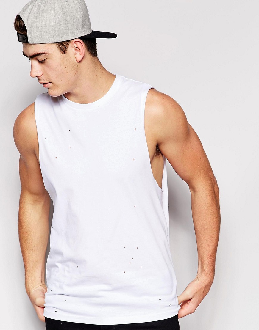 Image 1 of ASOS Sleeveless T-Shirt With Distressed Look And Dropped Armhole