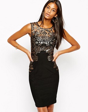 Lipsy Bodycon Dress with Foil Lace Mesh Detail 