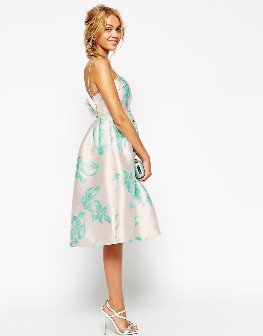 ASOS WEDDING Structured Prom Dress With Bow Back In Mint Rose Print
