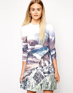 ASOS A-Line Scuba Dress with Long Sleeves in Mountain Print