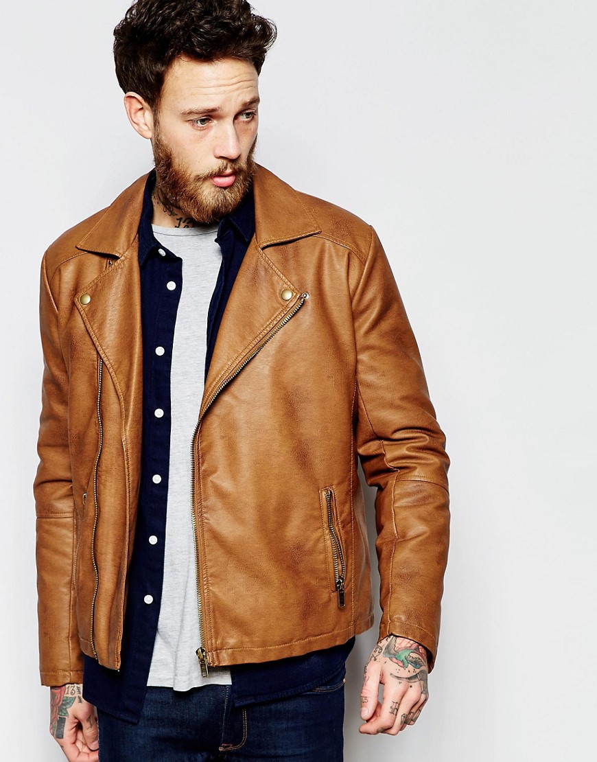 Dark brown Asos leather jacket for men - REF:3663523 | Cheap