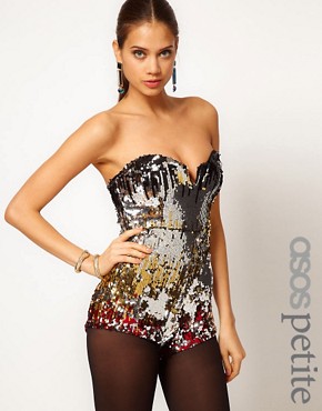 Image 1 of ASOS PETITE Exclusive Playsuit In Multi Sequins With Deep Plunge