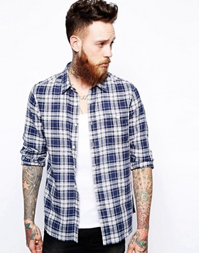 ASOS Linen Mix Shirt In Long Sleeve With Blue and White Check