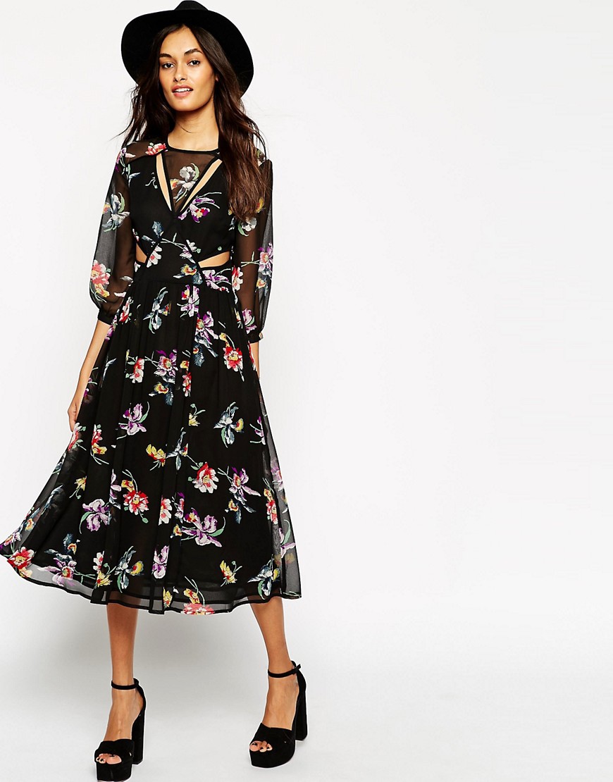 ASOS Boho Midi Dress In Floral Print With Cut Out Detail - Print