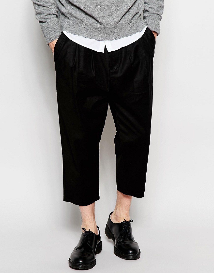 Image 1 of ASOS Drop Crotch Trousers In Cropped Length Black