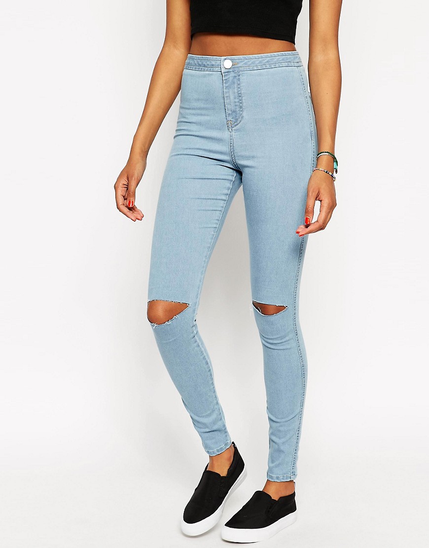 Image 1 of ASOS Rivington Jegging In Lightwash Blue With Displaced Ripped Knees