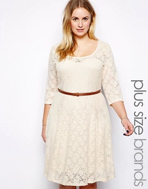 New Look Inspire 34 Sleeve Lace Belted Skater Dress 