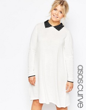 ASOS CURVE Knitted Swing Dress with Embroidered Contrast Collar