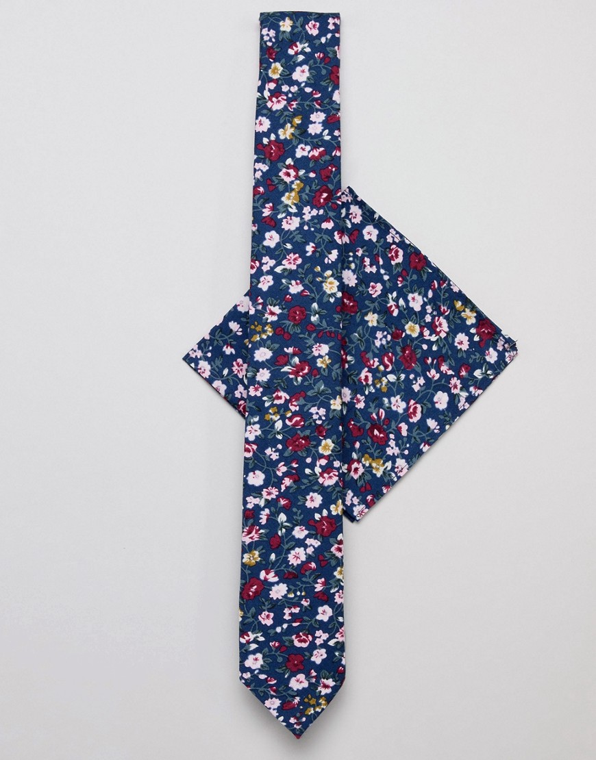 Галстук и платок для нагрудного кармана темно-синего цвета с цветочным
