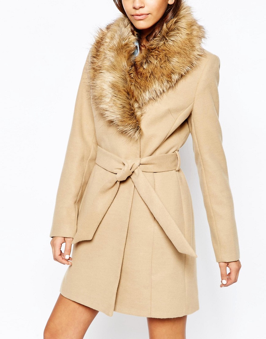 Image 3 of New Look Faux Fur Collar Belted Coat