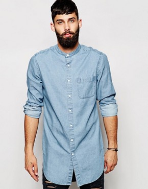 ASOS Denim Shirt In Longline With Mid Wash And Grandad Collar