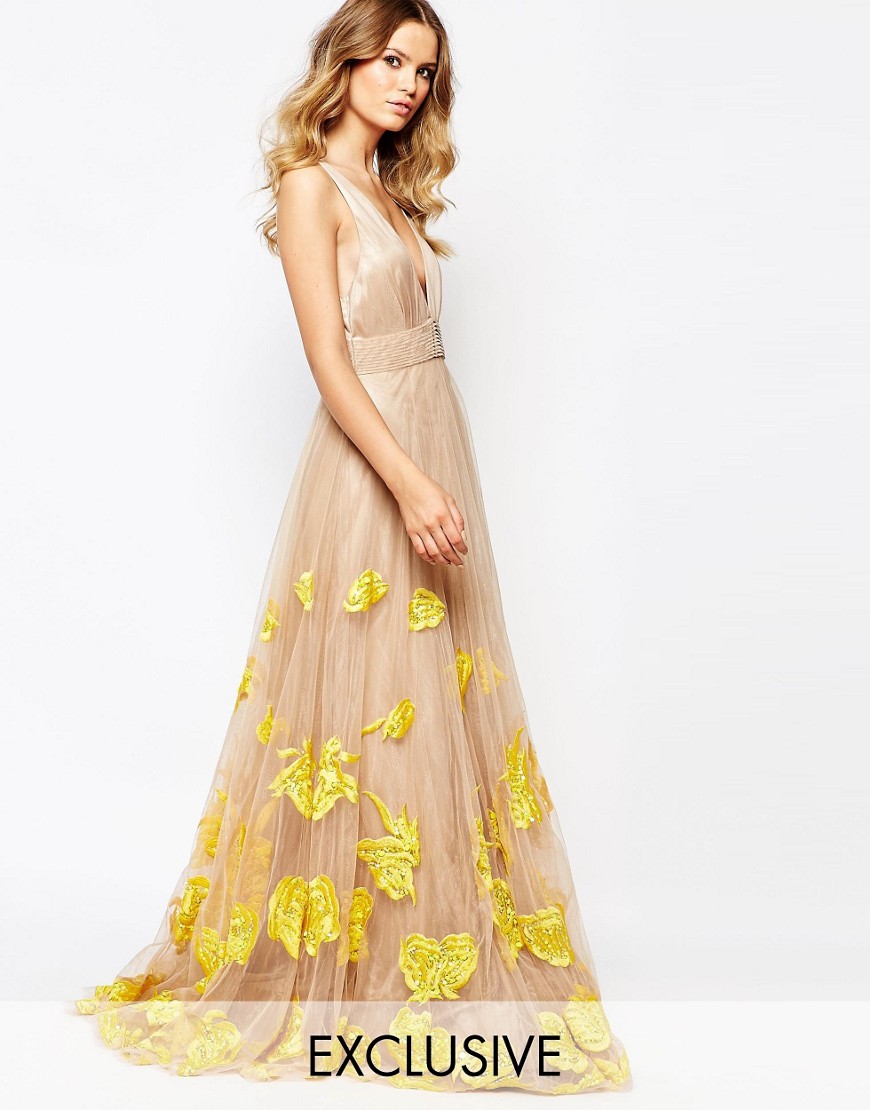 Image 1 of A Star Is Born Luxe Plunge Front Full Tulle Prom Maxi Dress With Embellishment