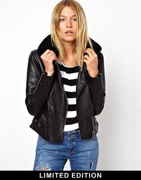Image 1 of ASOS Limited Edition Leather Biker With Shearling Collar