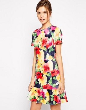 ASOS Scuba Pencil Dress with Peplum Hem in Floral Print 