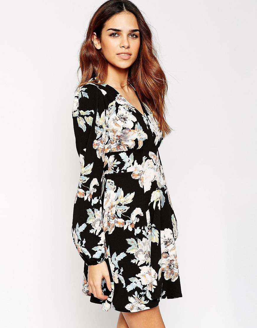 ASOS Skater Dress With Boho Sleeve in Floral Print - Print