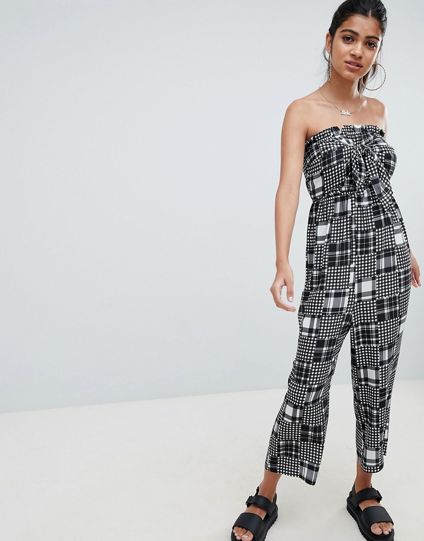 ASOS DESIGN bandeau jumpsuit with tie front in mixed gingham print