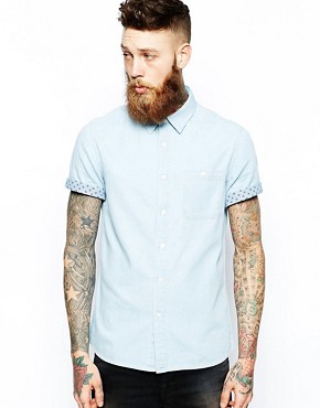 ASOS Denim Shirt In Short Sleeve With Contrast Circle Trim 