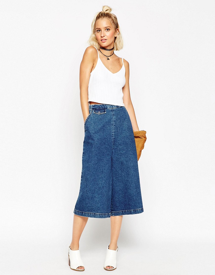 Image 1 of ASOS Denim Culottes with Tab Pocket Detail in Mid Blue Wash