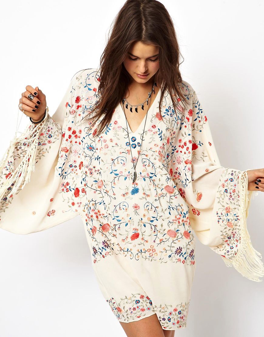 ASOS | ASOS Premium Kimono Dress With Embroidery And Fringing at ASOS