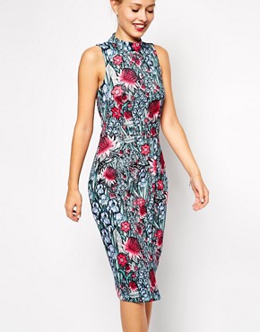 Image 3 of ASOS Pencil Dress with Wrap and High Neck in Floral Print
