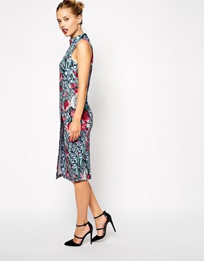 Image 4 of ASOS Pencil Dress with Wrap and High Neck in Floral Print
