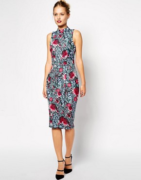 Image 1 of ASOS Pencil Dress with Wrap and High Neck in Floral Print