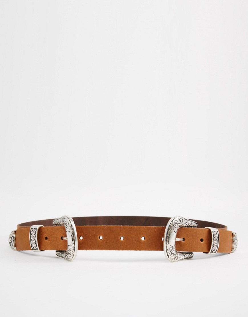 Image 1 of ASOS Leather Double Buckle Western Tip Waist And Hip Belt