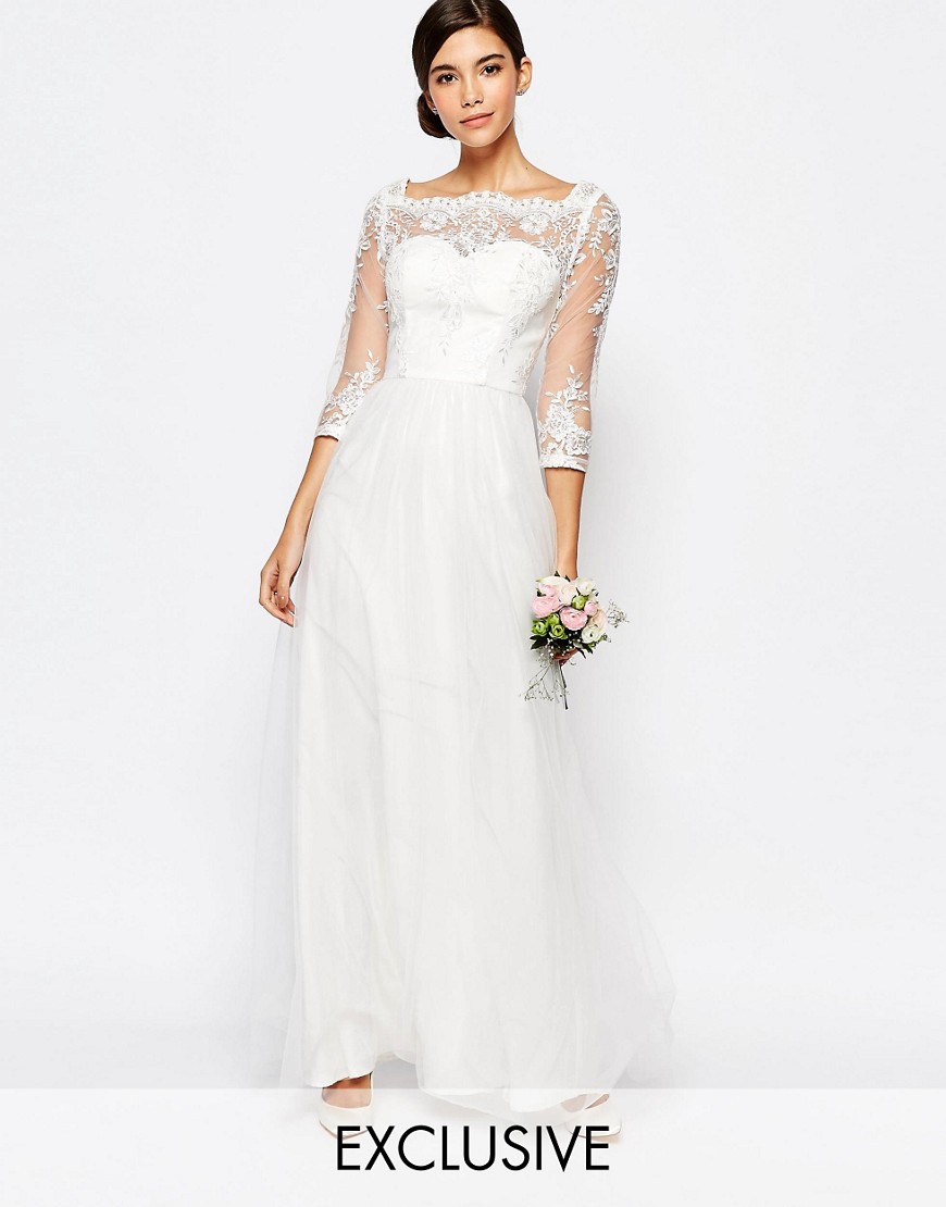 Image 1 of Chi Chi London Bridal Bardot Neck Maxi Dress with Premium Lace and Tulle Skirt