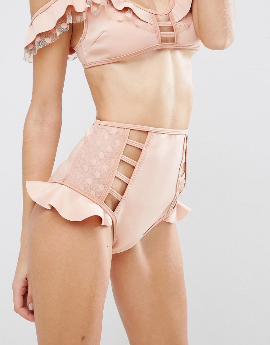 ASOS Neoprene Frill Dot Mesh High Waist Bikini Bottom - Pink