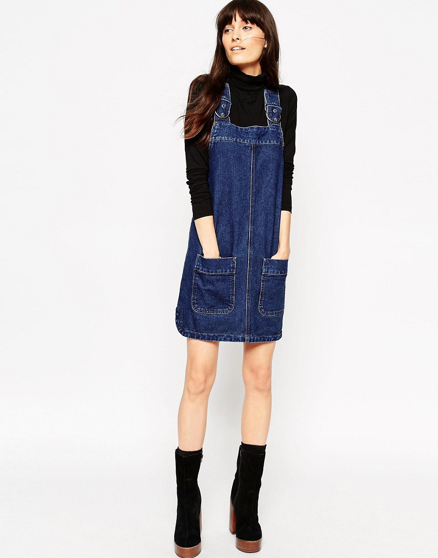 Image 4 of ASOS Denim Pinny Dress With Patch Pockets In Indigo
