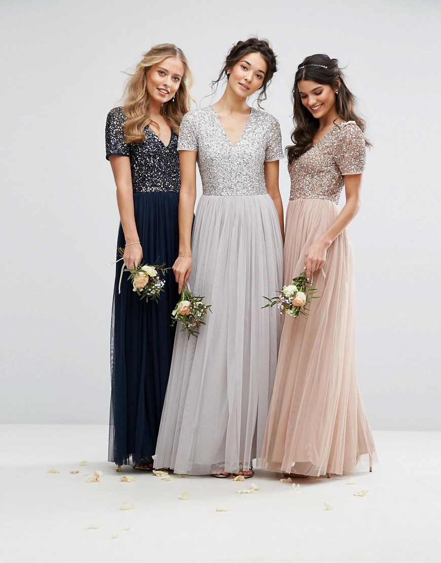 Image 4 of Maya V Neck Tulle Maxi Dress With Tonal Delicate Sequins
