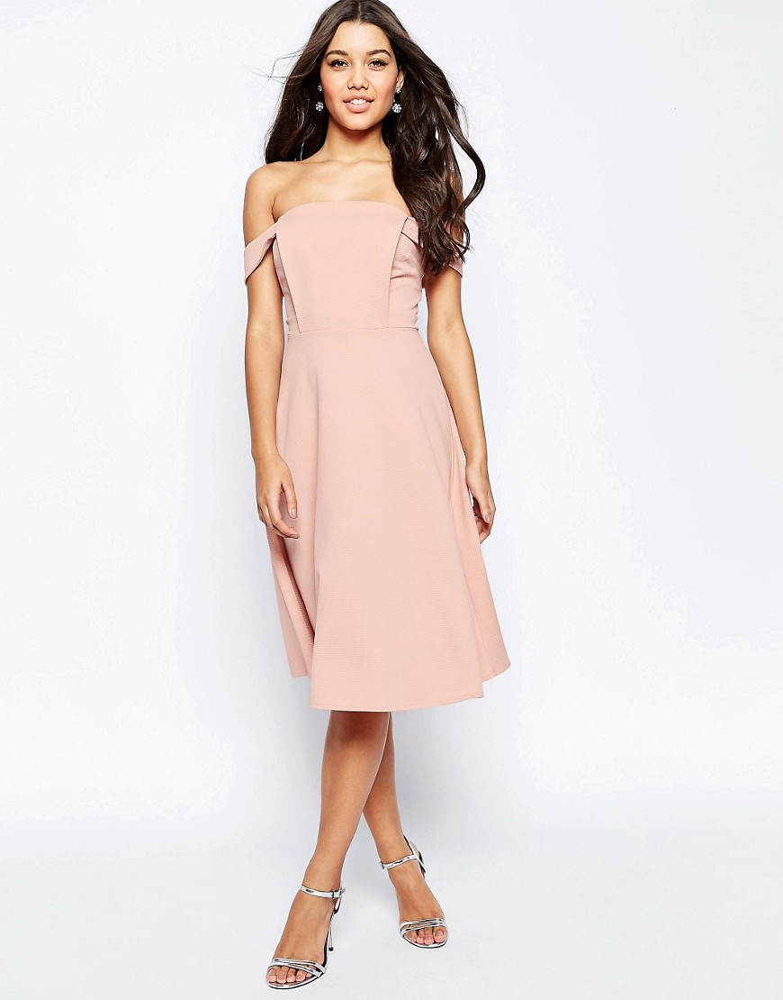 Image 1 of ASOS Midi Dress with Off Shoulder and Full Skirt